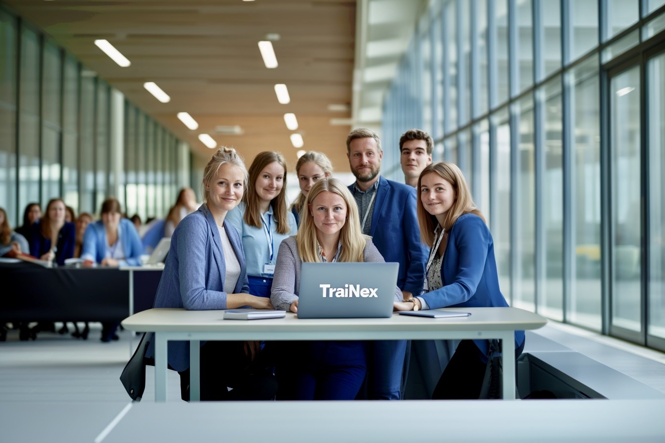Ein Team der Verwaltung arbeitet gemeinsam an einem Laptop mit TraiNex im lichtdurchfluteten Flur der Hochschule