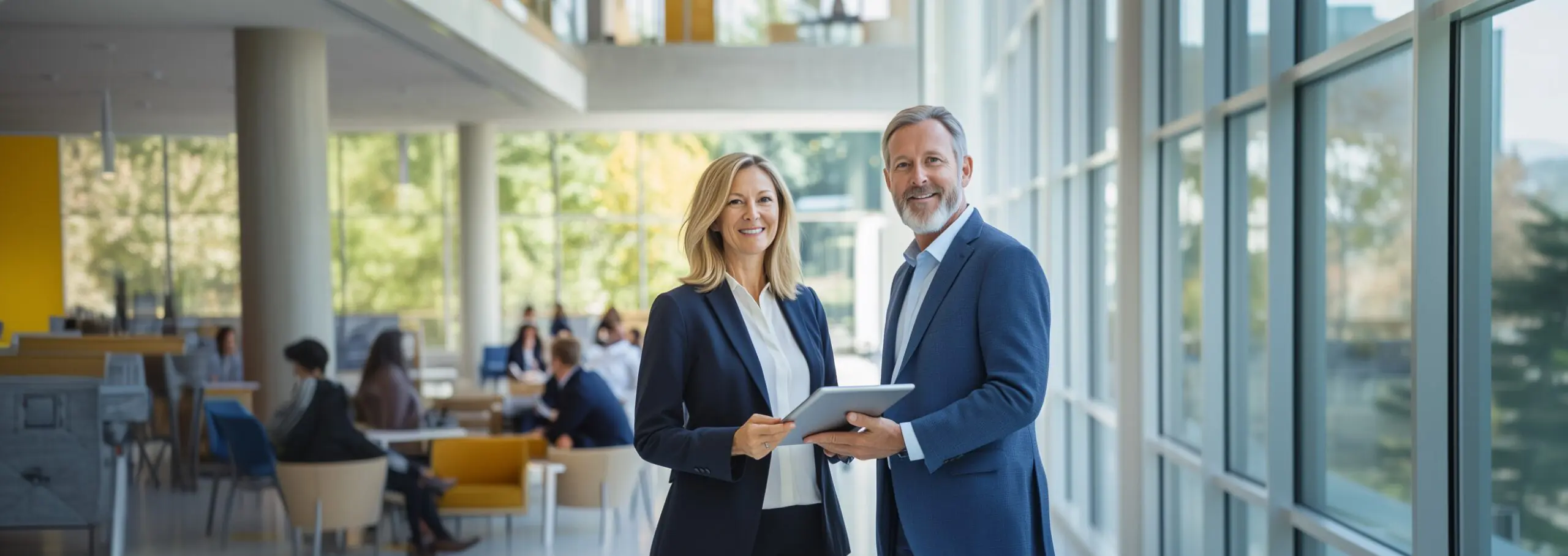 Hochschulleitung und Verwaltung arbeiten gemeinsam am Tablet im lichtdurchfluteten Campus-Foyer